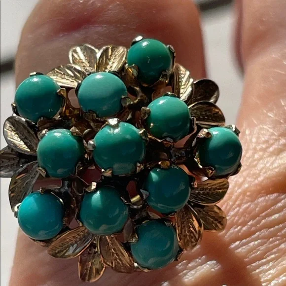 Vintage Turquoise 10k gold Cluster Flower Ring - Picture 4 of 8